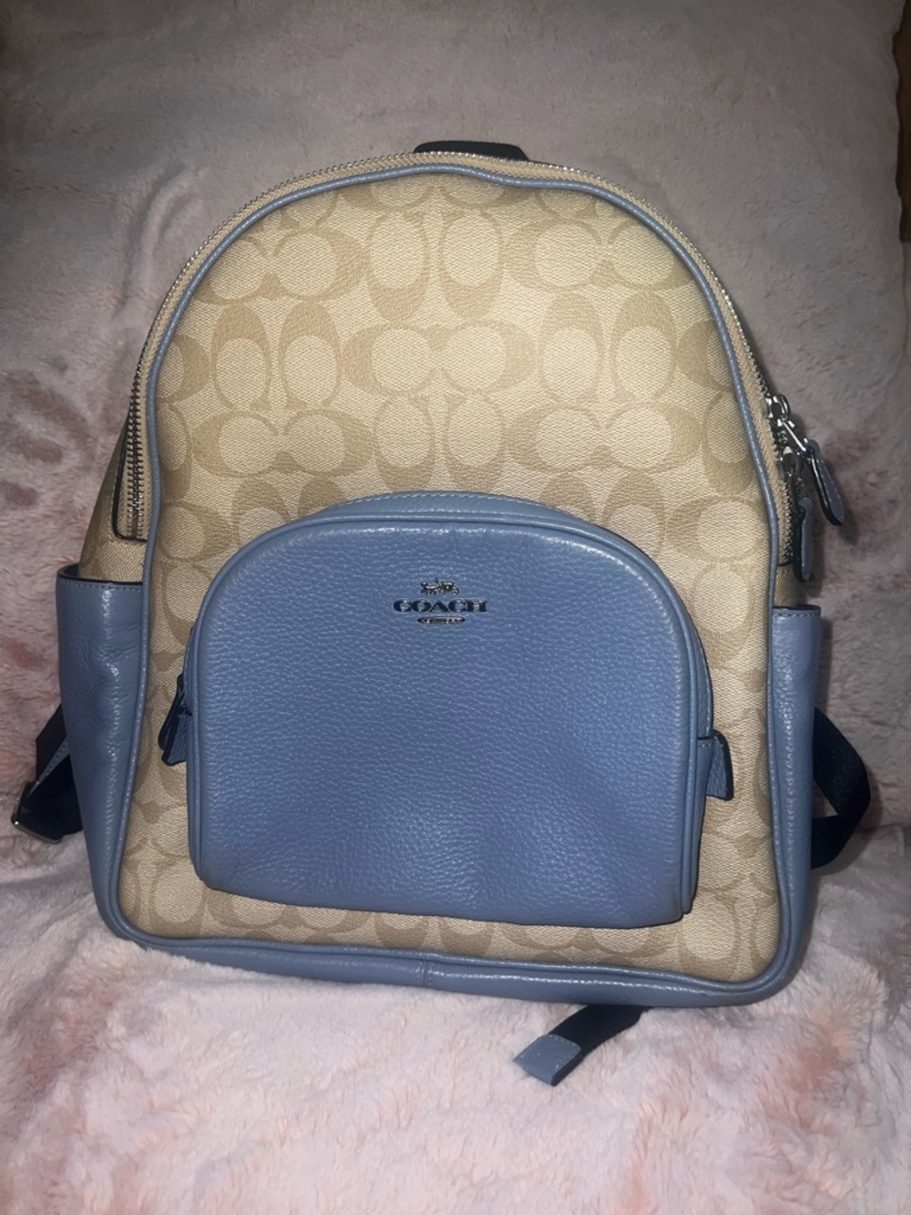 Coach Periwinkle Blue and Khaki Monogram Canvas Compact Backpack